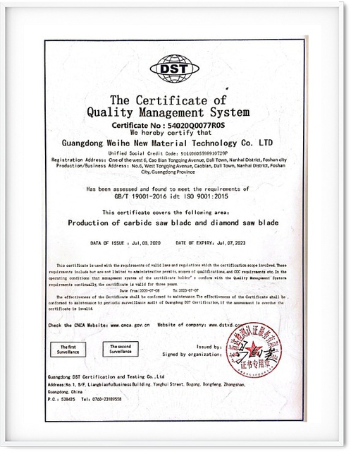 Quality Management System Certificate for Saw Blade Production10