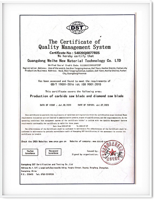 Quality Management System Certificate for Saw Blade Production 9